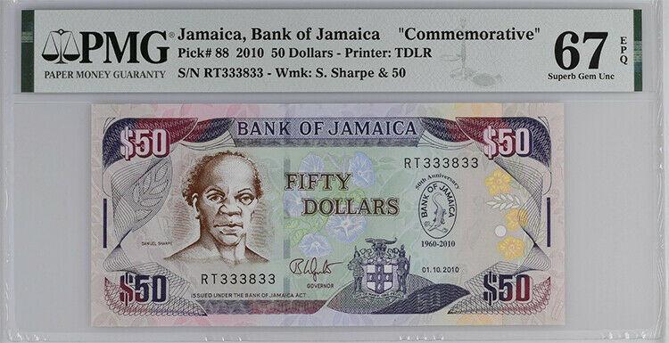 Jamaica 50 Dollars 2010 P 88 COMM. Near Solid 333833 Superb Gem UNC PMG 67 EPQ