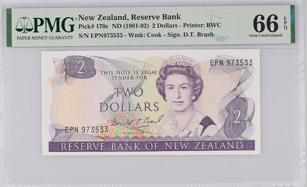 New Zealand 2 Dollars 1981-92 P 170 c BRASH GEM UNC PMG 66 EPQ