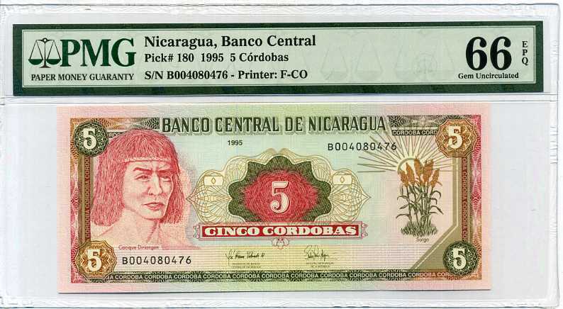 Nicaragua 5 Cordobas 1995 P 180 Gem UNC PMG 66 EPQ High