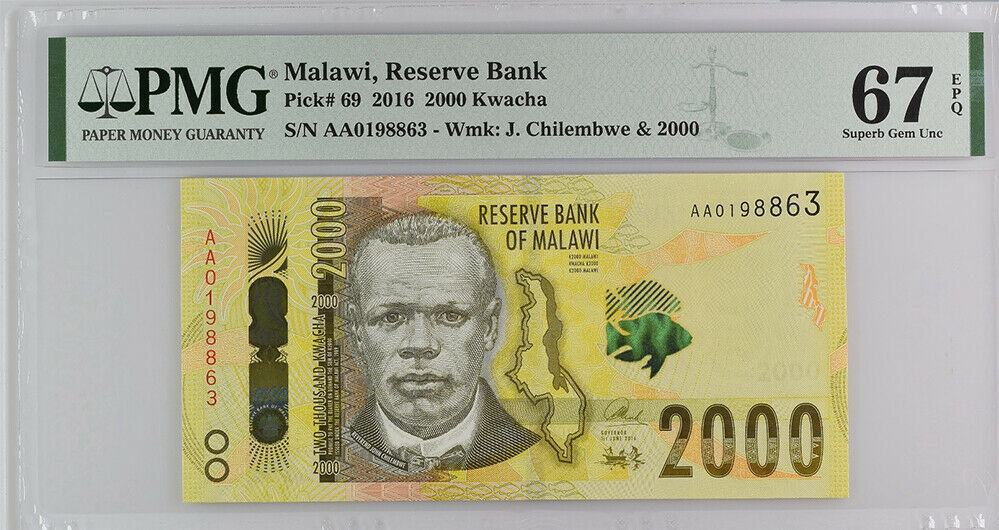 Malawi 2000 Kwacha 2016 P 69 Superb Gem UNC PMG 67 EPQ