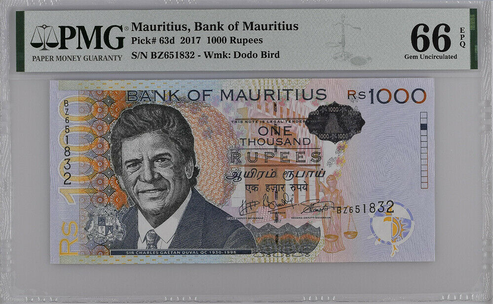 Mauritius 1000 Rupees 2017 P 63 BZ Prefix Gem UNC PMG 66 EPQ
