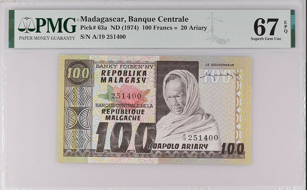 Madagascar 100 Francs 20 Ariary ND 1974 P 63 Superb GEM UNC PMG 67 EPQ High