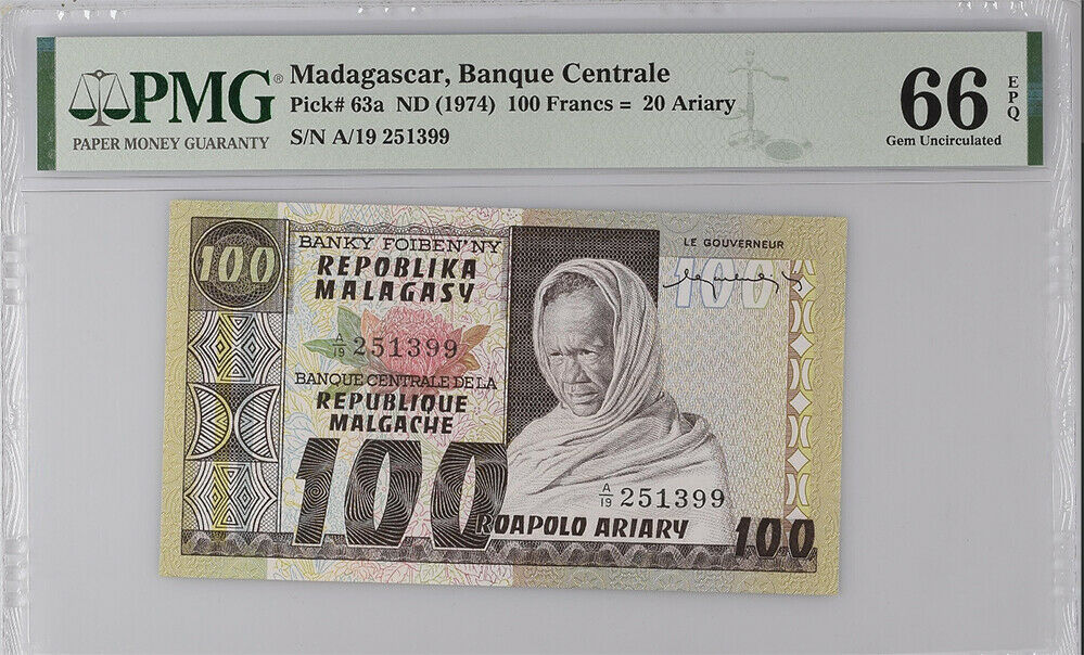 Madagascar 100 Francs 20 Ariary ND 1974 P 63 GEM UNC PMG 66 EPQ