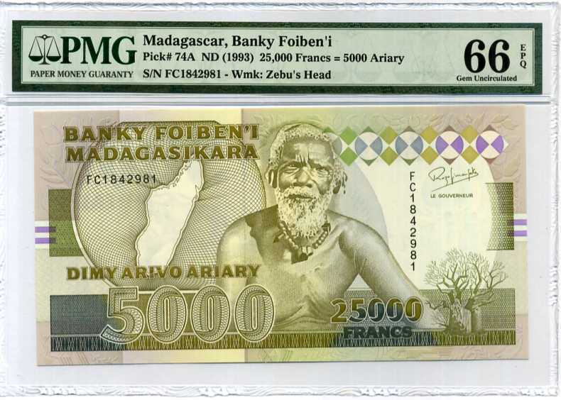 Madagascar 25000 Francs 5000 Ariary Nd 1993 P 74A Gem UNC PMG 66 EPQ