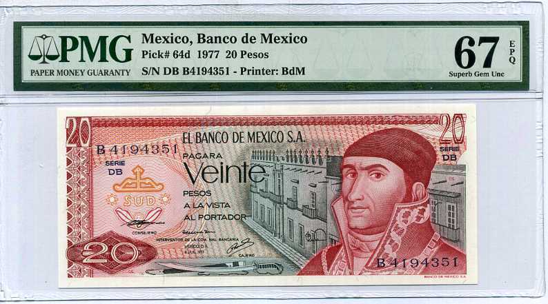 MEXICO 20 PESOS 1977 P 64 d SUPERB GEM UNC PMG 67 EPQ HIGHEST