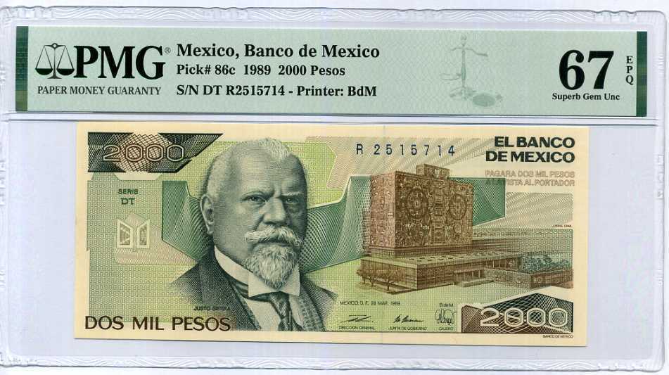 MEXICO 2000 2,000 PESO 1989 P 86 C SUPERB GEM UNC PMG 67 EPQ