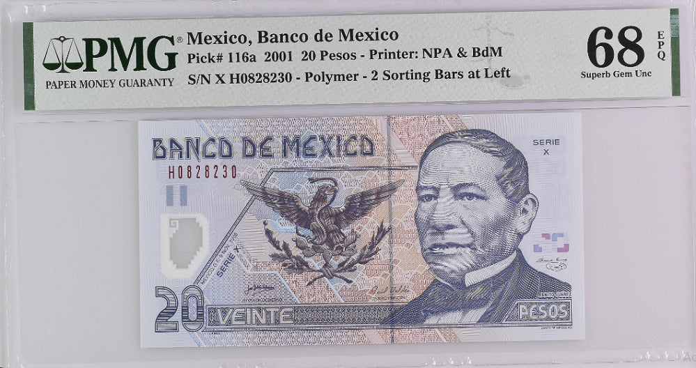 Mexico 20 Pesos 2001 P 116 a Superb Gem UNC PMG 68 EPQ Top Pop