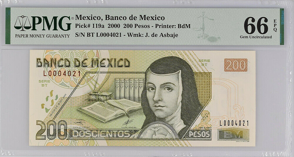 Mexico 200 Pesos 2000 P 119 a Gem UNC PMG 66 EPQ