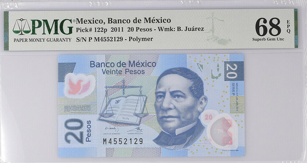 Mexico 20 Pesos 2011 P 122 P Superb Gem UNC PMG 68 EPQ TOP