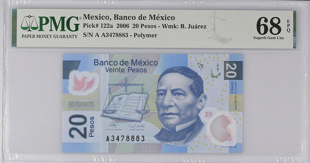 Mexico 20 Pesos 2006 P 122 a Series A Superb Gem UNC PMG 68 EPQ