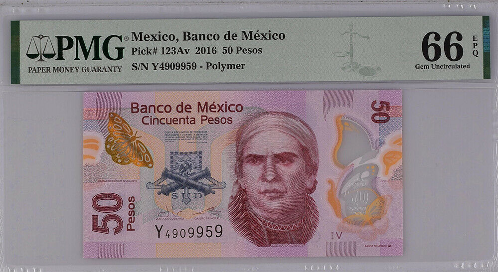 Mexico 50 Pesos 2016 Serie V Prefix Y P 123A Polymer Gem UNC PMG 66 EPQ