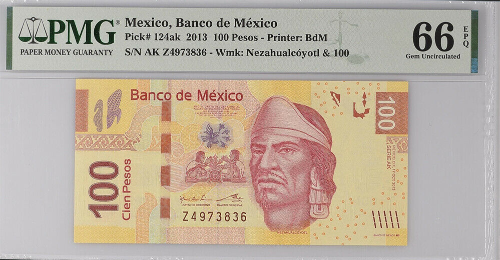 Mexico 100 Pesos 2013 P 124 Series AK Gem UNC PMG 66 EPQ