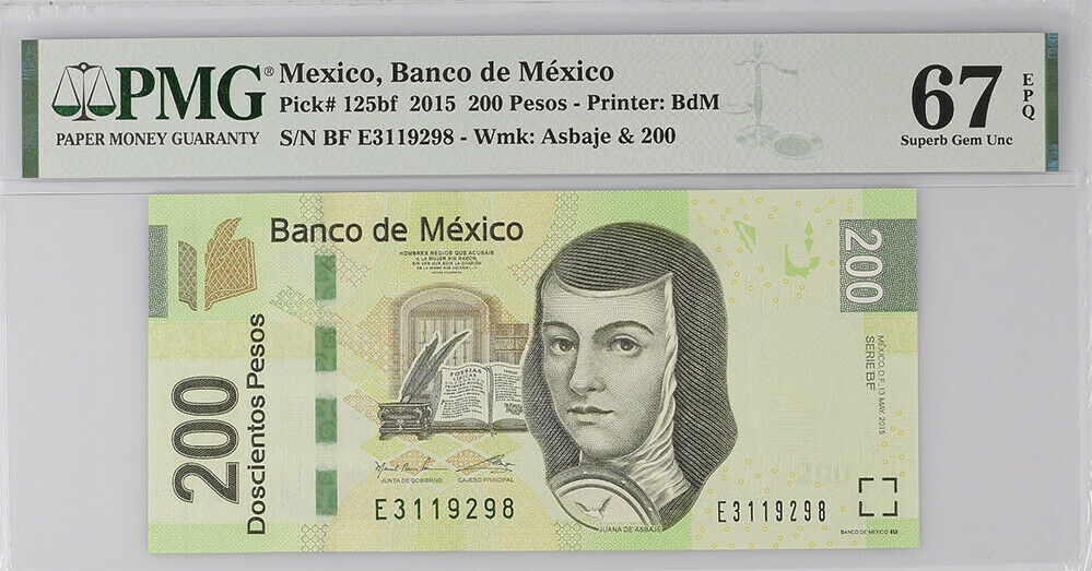 Mexico 200 Pesos 2015 P 125 Series BF Superb Gem UNC PMG 67 EPQ TOP POP