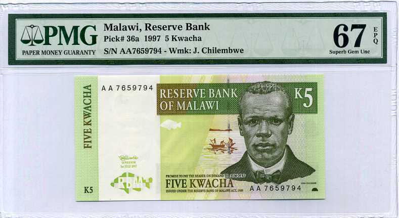 Malawi 5 Kwacha 1997 P 36 Superb Gem UNC PMG 67 EPQ High