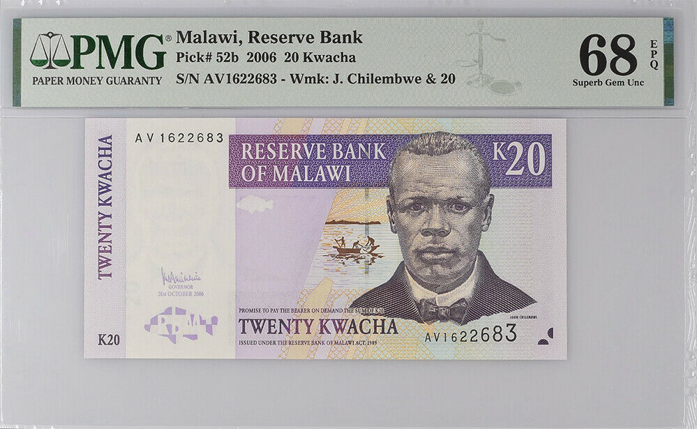 Malawi 20 Kwacha 2006 P 52 b Superb GEM UNC PMG 68 EPQ Top