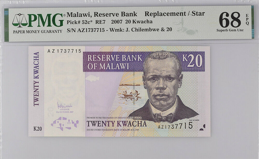 Malawi 20 Kwacha 2007 P 52 c* Replacement Superb GEM UNC PMG 68 EPQ Top