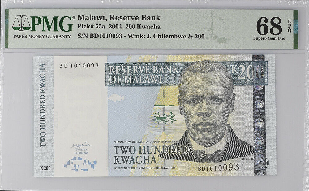 Malawi 200 Kwacha 2004 P 55 SUPERB GEM UNC PMG 68 EPQ Top