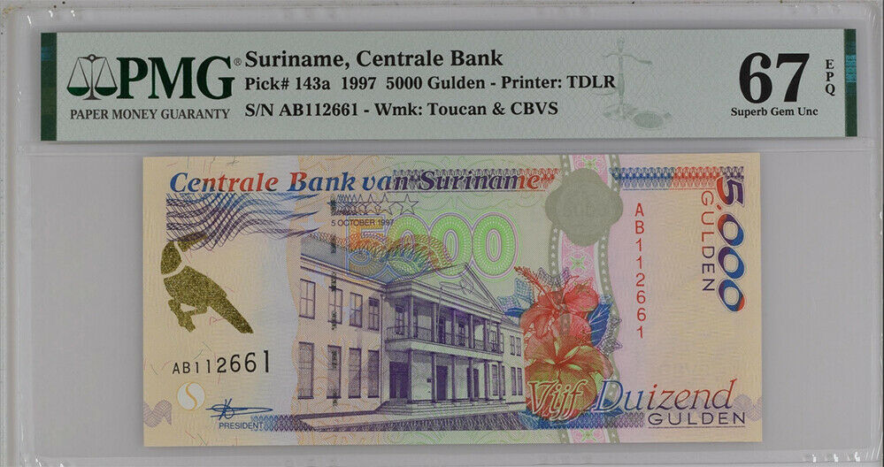 Suriname 5000 Gulden 1997 P 143 AB Prefix Superb GEM UNC PMG 67 EPQ