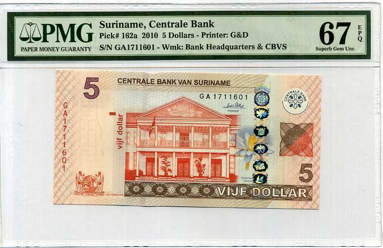 Suriname 5 Dollars 2010 P 162 Superb Gem UNC PMG 67 EPQ