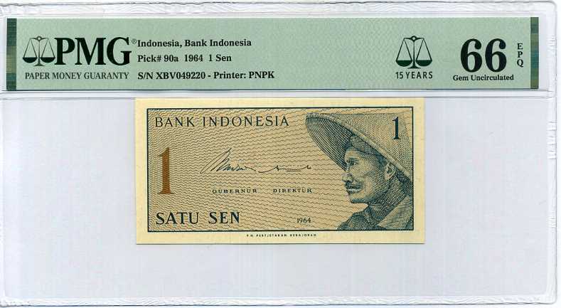 Indonesia 1 Sen 1964 P 90* Replacement XBV Gem UNC PMG 66 EPQ