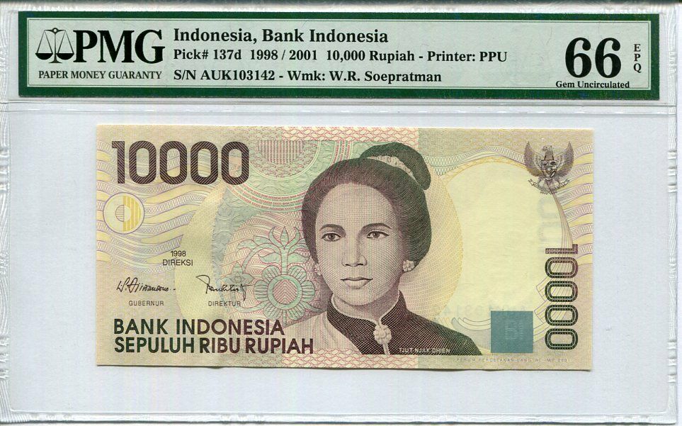 Indonesia 10000 Rupiah 1998 / 2001 P 137 d GEM UNC PMG 66 EPQ