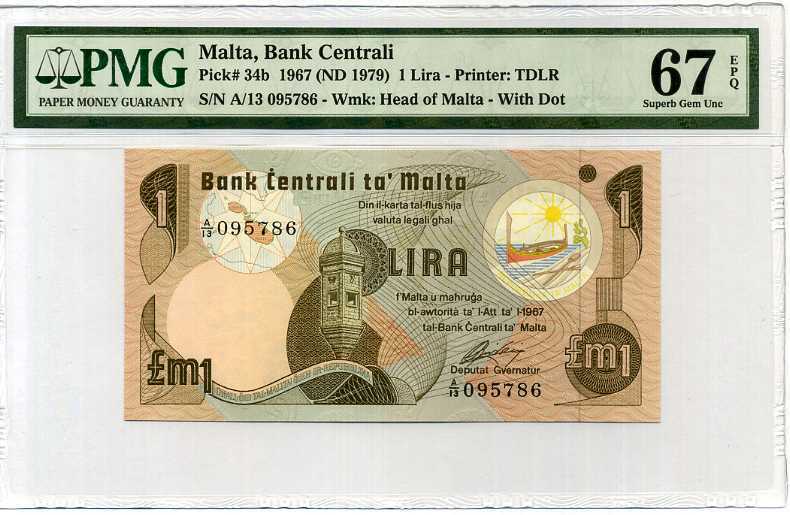 Malta 1 Lira 1967 / 1979 P 34 b Superb Gem UNC PMG 67 EPQ Highest Finest