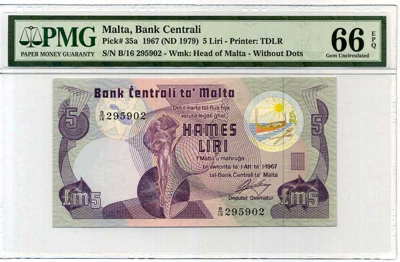 Malta 5 Lira 1967 / 1979 P 35 a Gem UNC PMG 66 EPQ Highest