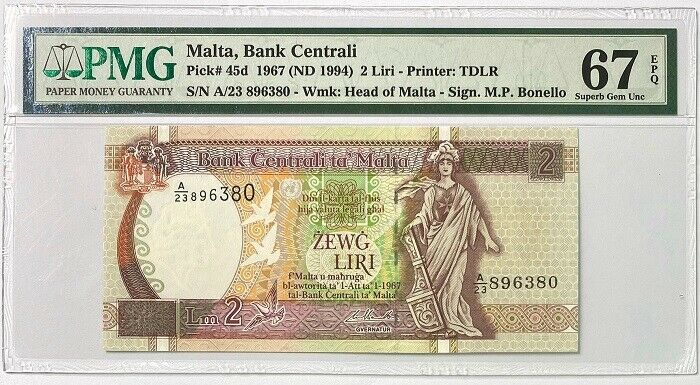 Malta 2 Liri 1967 ND 1994 P 45 Superb Gem UNC PMG 67 EPQ