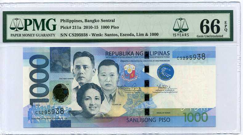 PHILIPPINES 1000 Piso 2014 P 211 15th Gem UNC PMG 66 EPQ
