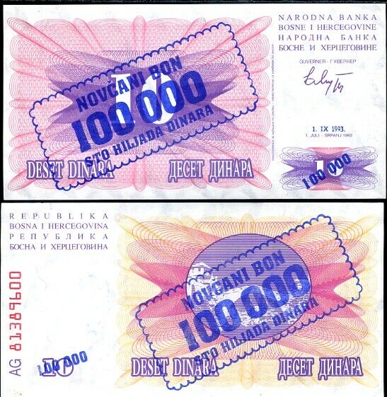 BOSNIA 100000 ON 10 DINARA 1993 (1992) P 34a UNC