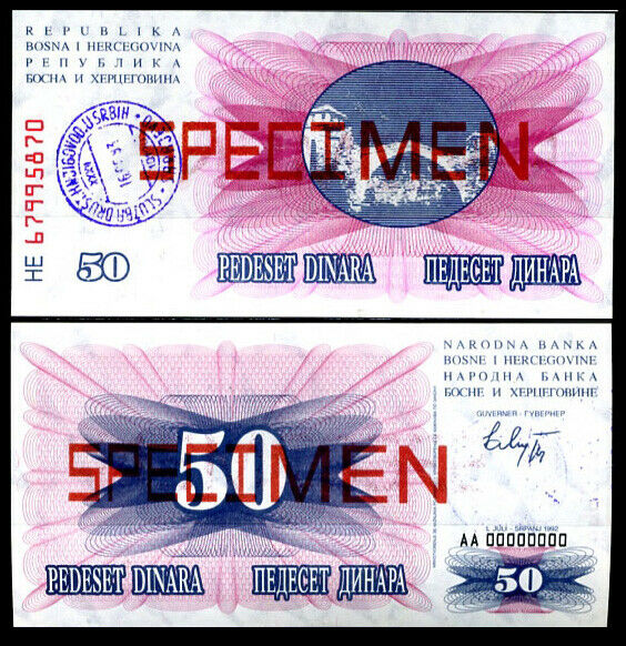 BOSNIA 50 DINARA 1992 SARAJEVO P 12 SPECIMEN UNC