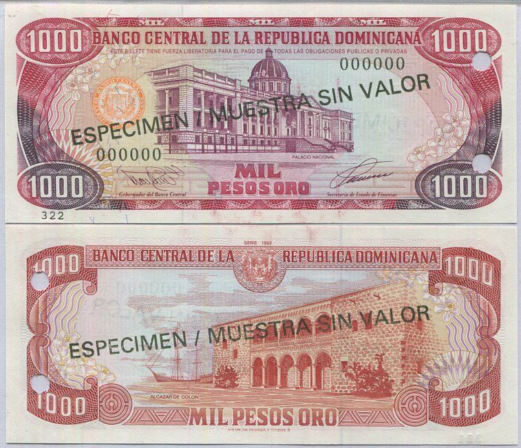 DOMINICAN REPUBLIC 1000 PESOS 1993 P 145 S SPECIMEN UNC