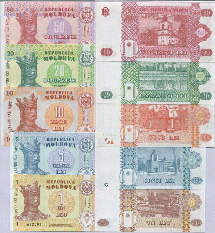 Moldova Set 5 PCS 1 5 10 20 50 Lei Random / Mixed Year UNC