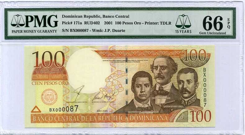 Dominican Republic 100 Pesos 2001 P 171 15th Gem UNC PMG 66 EPQ High