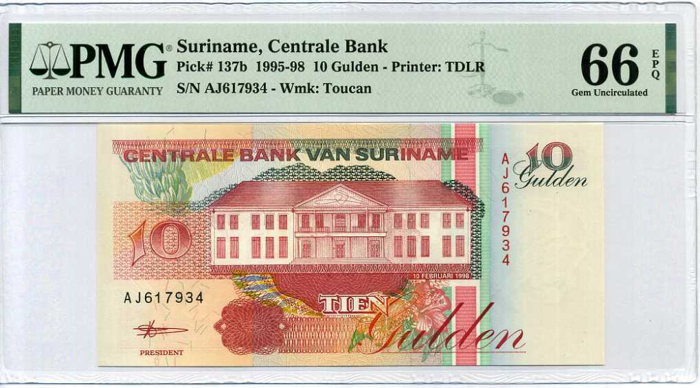 Suriname 10 Gulden 1995-1998 P 137 b Gem UNC PMG 66 EPQ