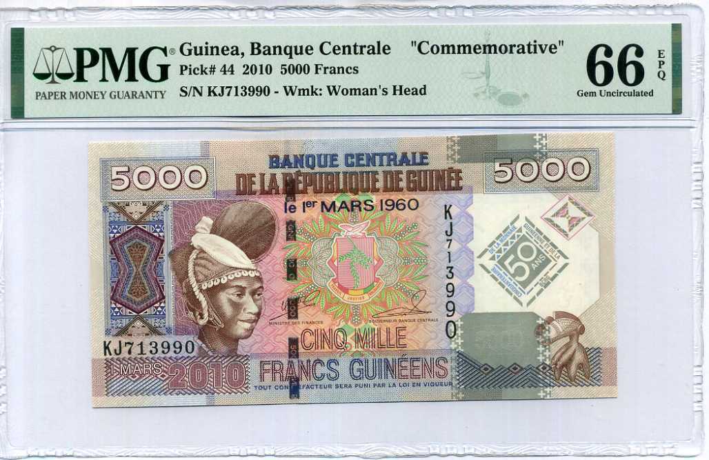 Guinea 5000 Francs 2010 P 44 Gem UNC PMG 66 EPQ