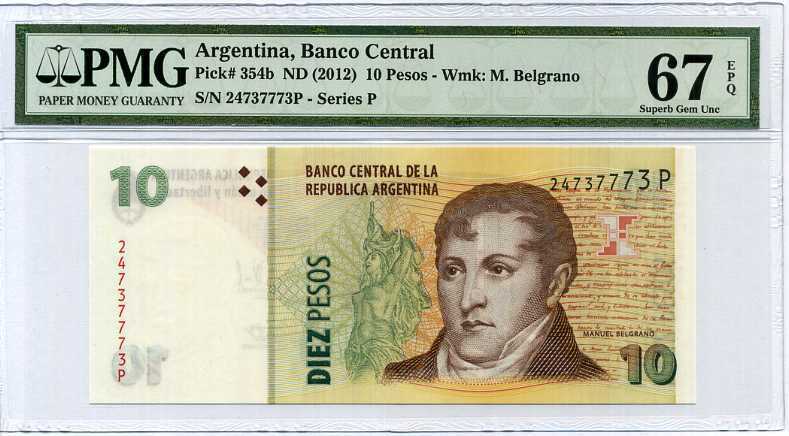 Argentina 10 Pesos Nd 2012 P 354 Superb Gem UNC PMG 67 EPQ HIGH