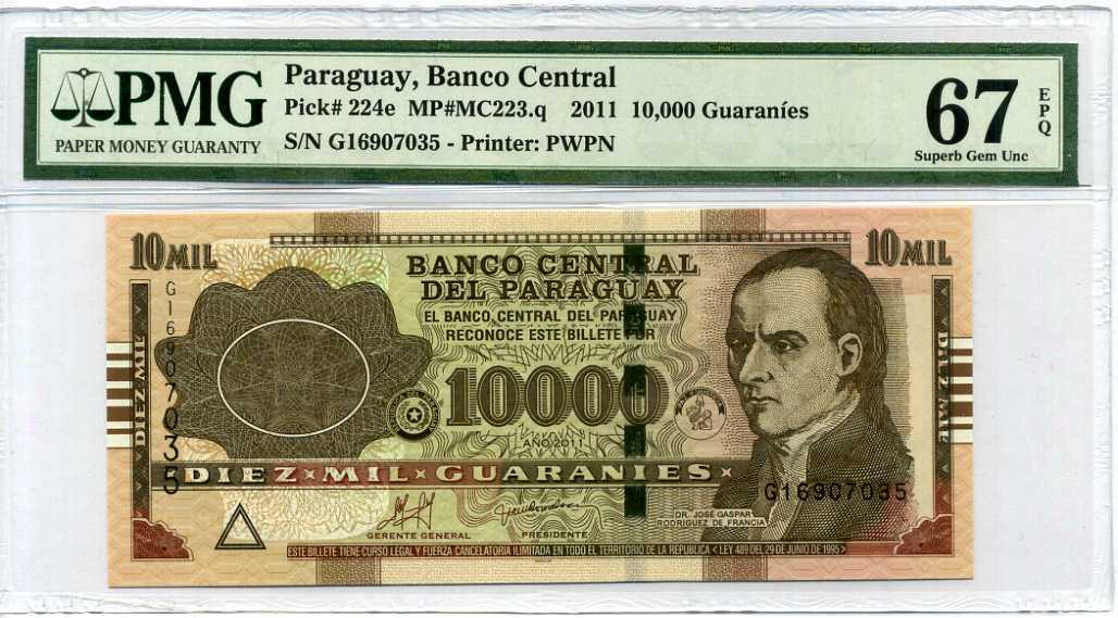 Paraguay 10000 Guaranies 2011 P 224 Superb Gem UNC PMG 67 EPQ