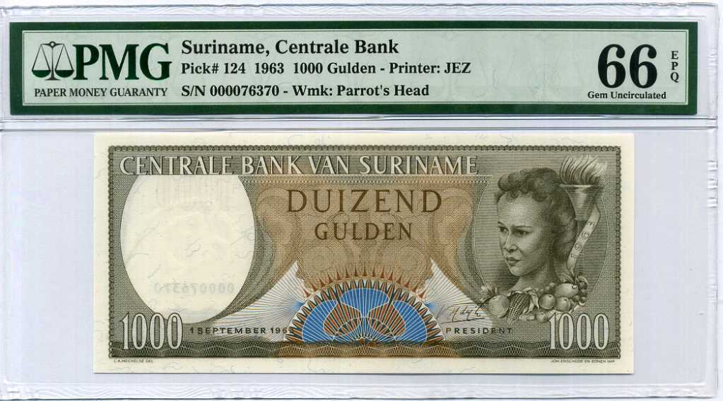 Suriname 1000 Gulden 1963 P 124 UNC PMG 66 Gem UNC EPQ