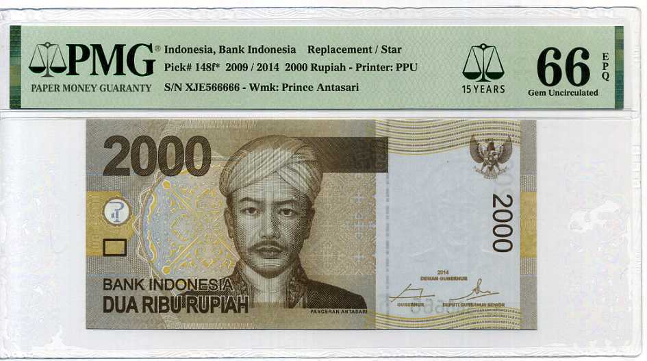 INDONESIA 2000 RUPIAH 2009/14 P 148 F* REPLACEMENT566666 15TH GEM UNC PMG 66 EPQ