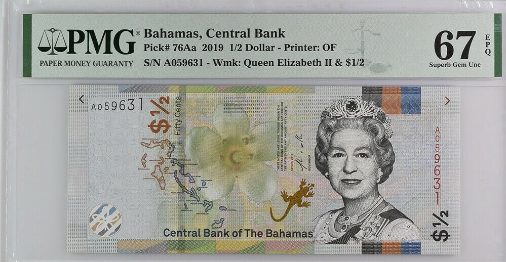 Bahamas 1/2 Dollar 2019 P 76Aa Superb GEM UNC PMG 67 EPQ