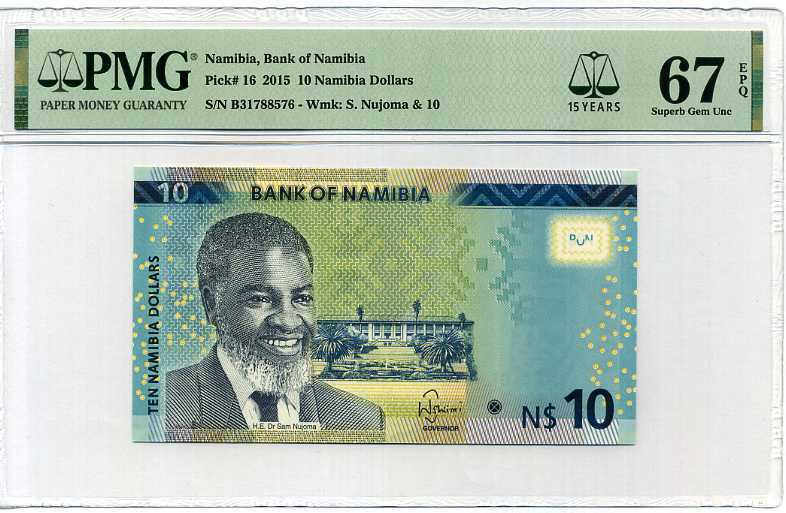 NAMIBIA 10 DOLLARS ND 2015 P 16 15th SUPERB GEM UNC PMG 67 EPQ TOP