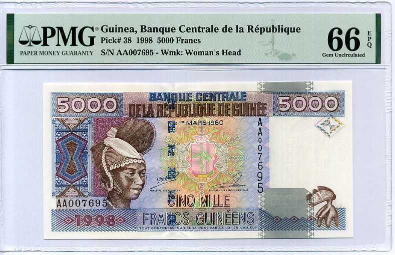 GUINEA 5000 FRANCS 1998 P 38 GEM UNC PMG 66 EPQ