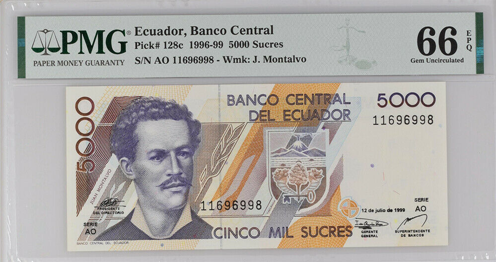 Ecuador 5000 Sucres 1996-1999 July P 128 AO Gem UNC PMG 66 EPQ NLB