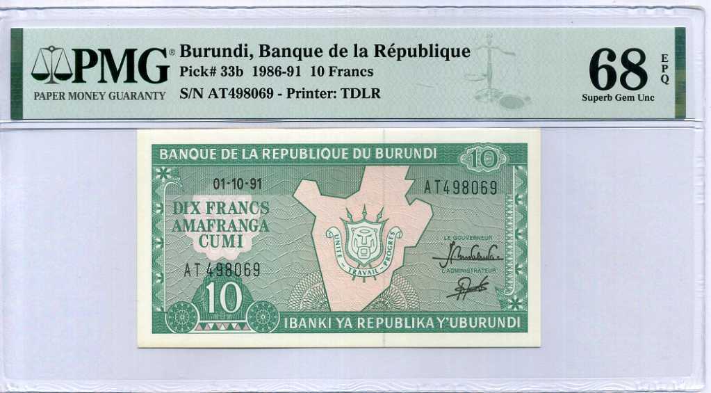 Burundi 10 Francs 1986-91 P 33 b Superb Gem UNC PMG 68 EPQ