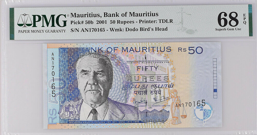 Mauritius 50 RUPEES 2001 P 50 b Superb GEM UNC PMG 68 EPQ Top Pop