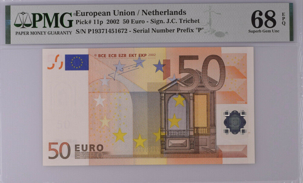 Euro 50 Euro Netherlands 2002 P 11 P Prefix Superb Gem UNC PMG 68 EPQ Top Pop