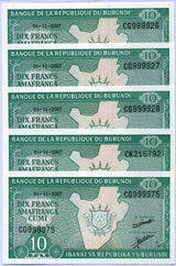 BURUNDI 10 FRANCS 2007 P 33 UNC LOT 20 PCS